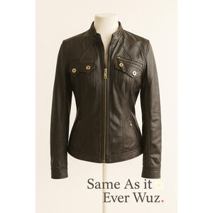 Freda M Brown Faux Leather Moto Jacket Gold Zip Pockets Vegan PVC Lined